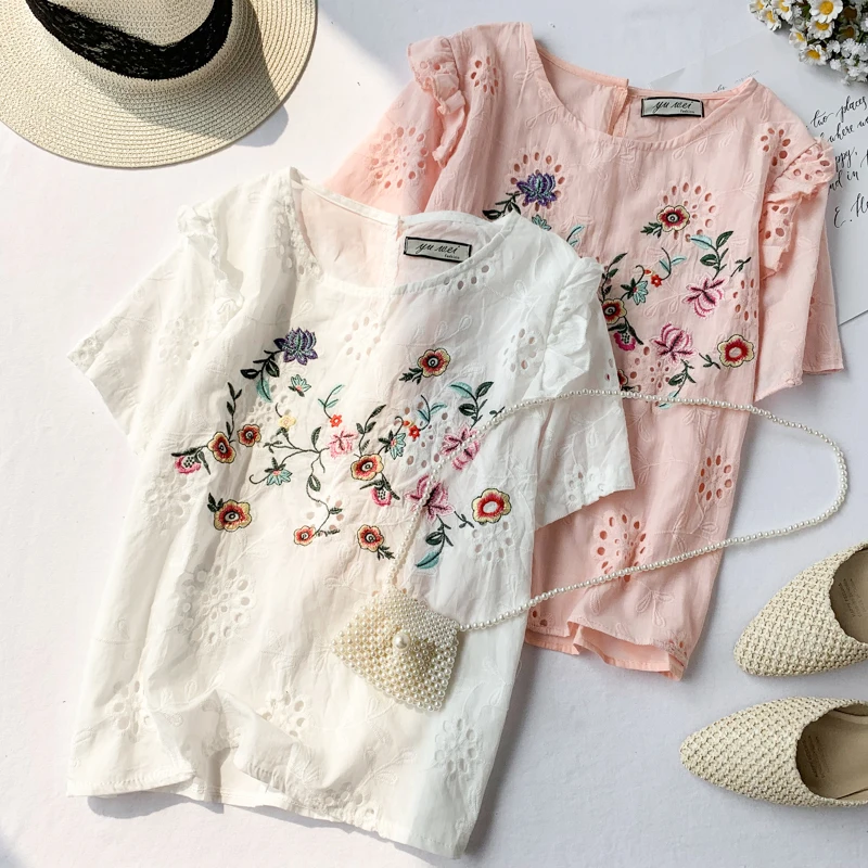 2019 Новая модная женская блузка рубашка свежая кружевная вышитая с коротким