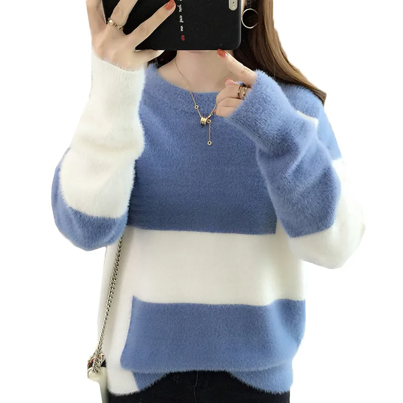 

Autumn Winter New Mohair Sweater Women's Pullover Long Sleeve Thick Sweater Plaid Mixed Colors Causal Female Jumper Tops L133