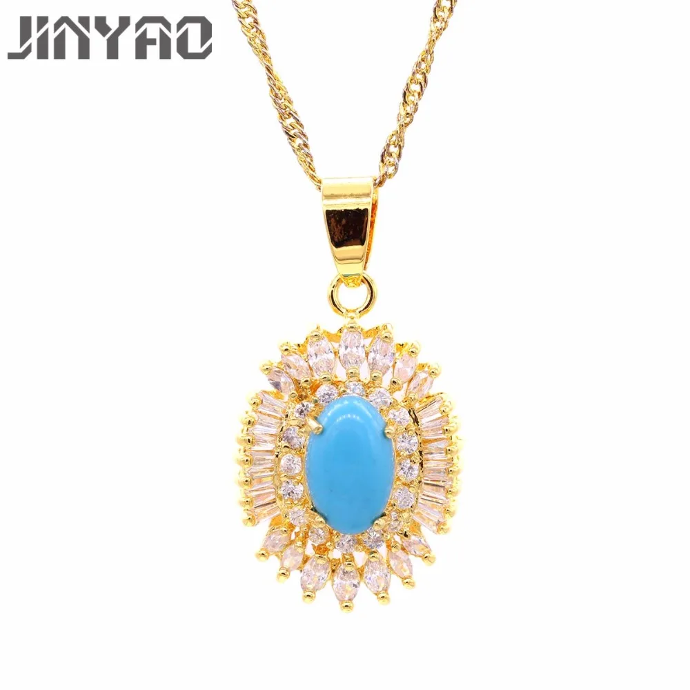 JINYAO Трендовое ювелирное изделие ожерелье желтого золота кулон с синим камнем AAA