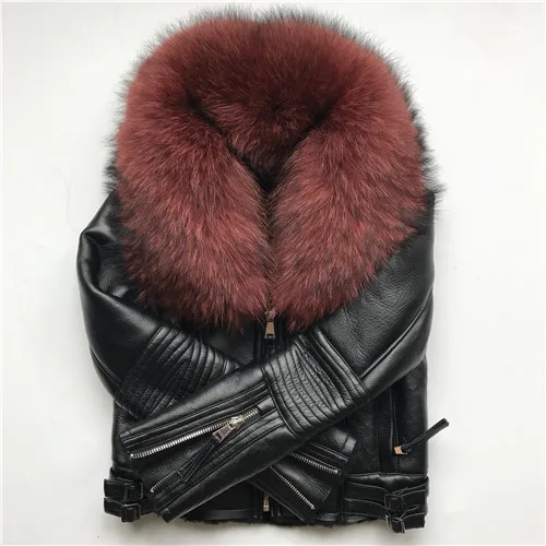 Black red collar Женское пальто из натурального овечьего меха, зимняя теплая Модная куртка из натуральной мериносовой овчины, кожаная куртка с натуральным большим воротником из меха енота - Цвет: Black red collar