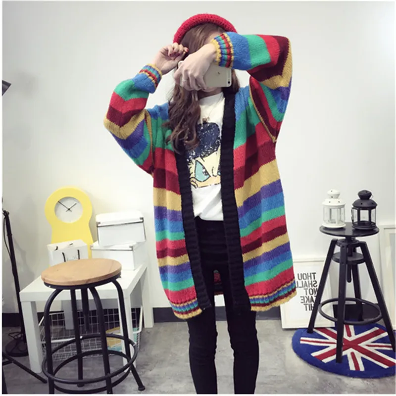 YAGENZ Women Sweaters Coat Black Top Spring Autumn Jacket Cardigan Long Coats Knit Sweater Rainbow Color Loose 264 |