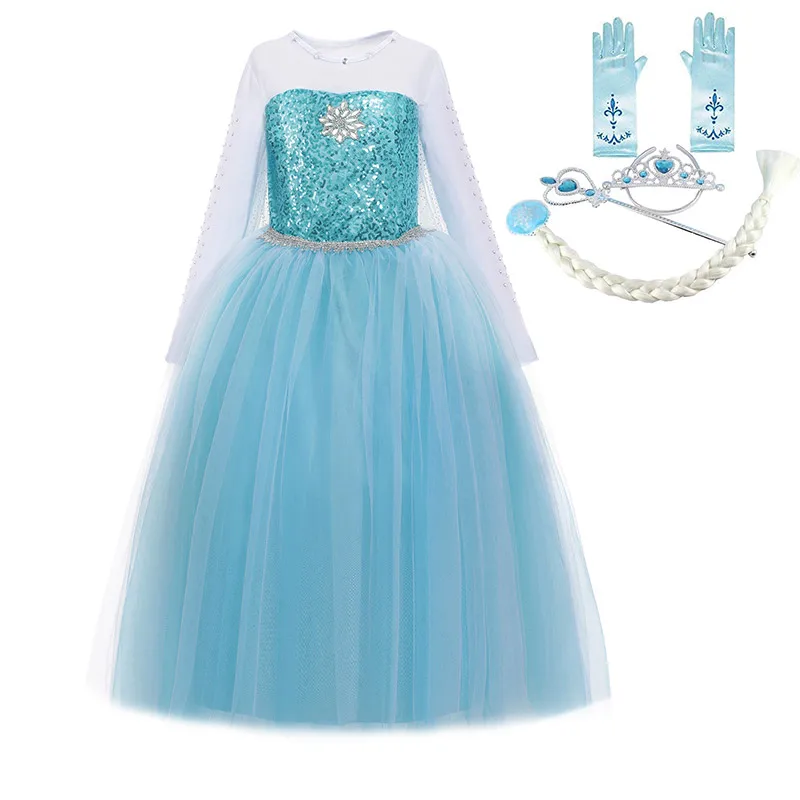 Elsa Dress Set-E Длинное платье Эльзы для детей с накидкой со снежинками; праздничная одежда принцессы Эльзы с длинными рукавами и блестками; нарядная одежда для девочек на день рождения и карнавал - Цвет: Elsa Dress Set-E
