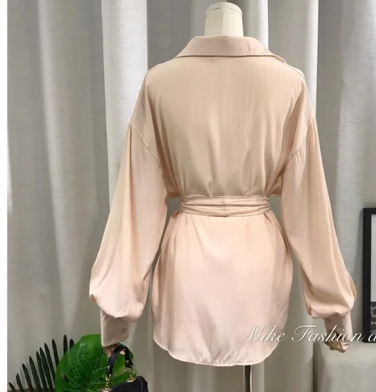 2019 New Spring Pure Color Loose Belt Long-sleeved Blouse Shirt + Wide Leg Shorts Two-piece Lady Girls Casual Suit |