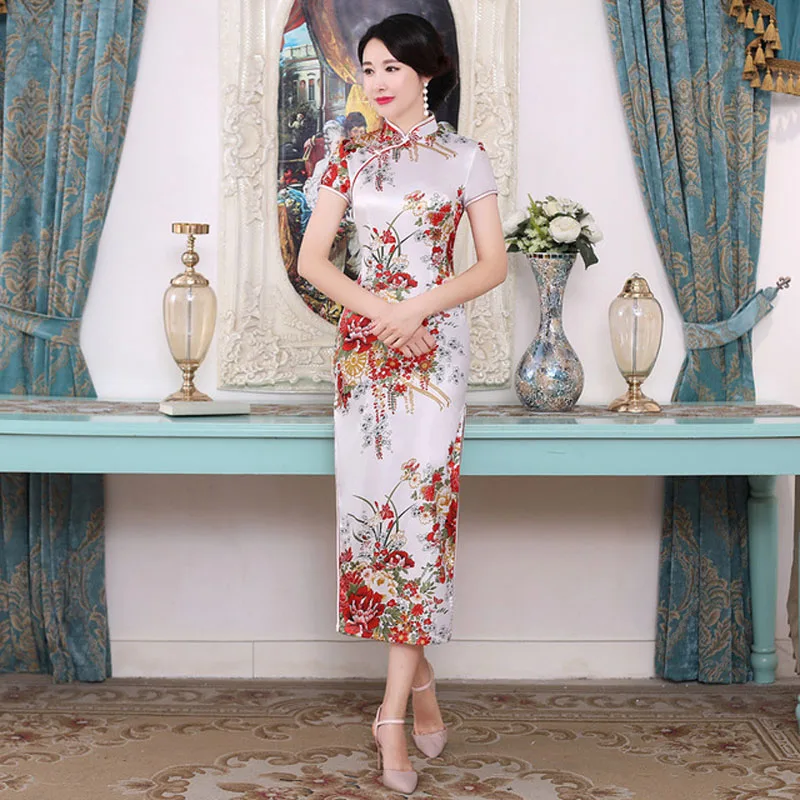 Китайское женское вечернее платье воротник стойка сатиновое Qipao с цветочным принтом вечерние платья большого размера 6XL женское платье Чонсам с длинным рукавом