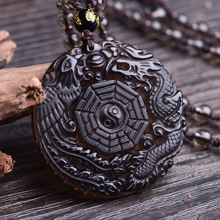 Натуральный черный обсидиан ручная работа китайский дракон Феникс Багуа амулет