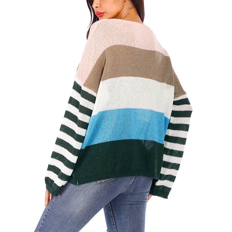 Осенне-зимний женский большой размер круглый вырез полоски контрастного цвета