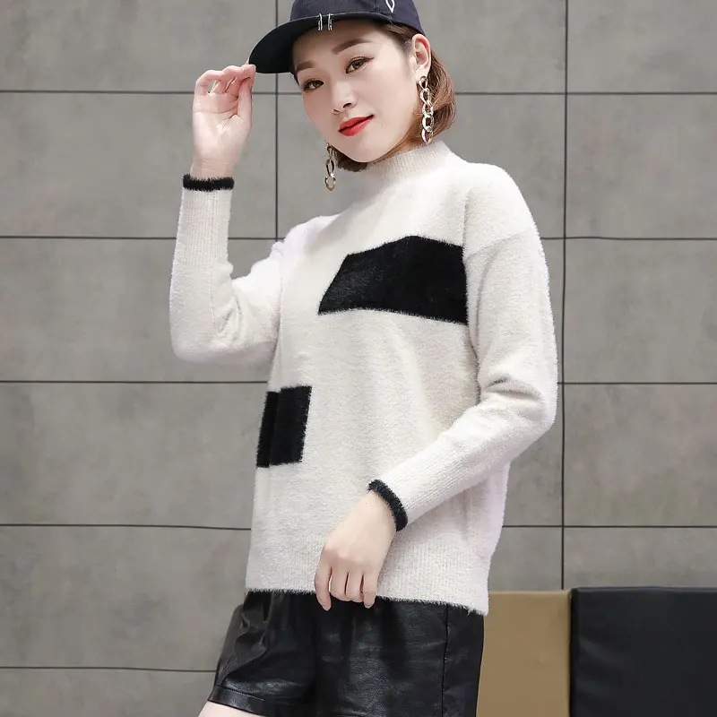 2018 New Women's Sweater Lose Wool Imitation Mink Cashmere Turtleneck Long Sleeve Pullover Knitted Female Winter | Женская одежда
