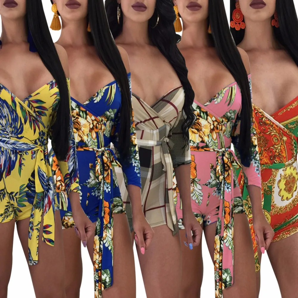 Для женщин короткие комбинезоны Цветочный принт Bodycon комбинезон клуб вечерние отпуск короткий рукав комбинезон Sexy v-образным вырезом бинты Комбинезоны