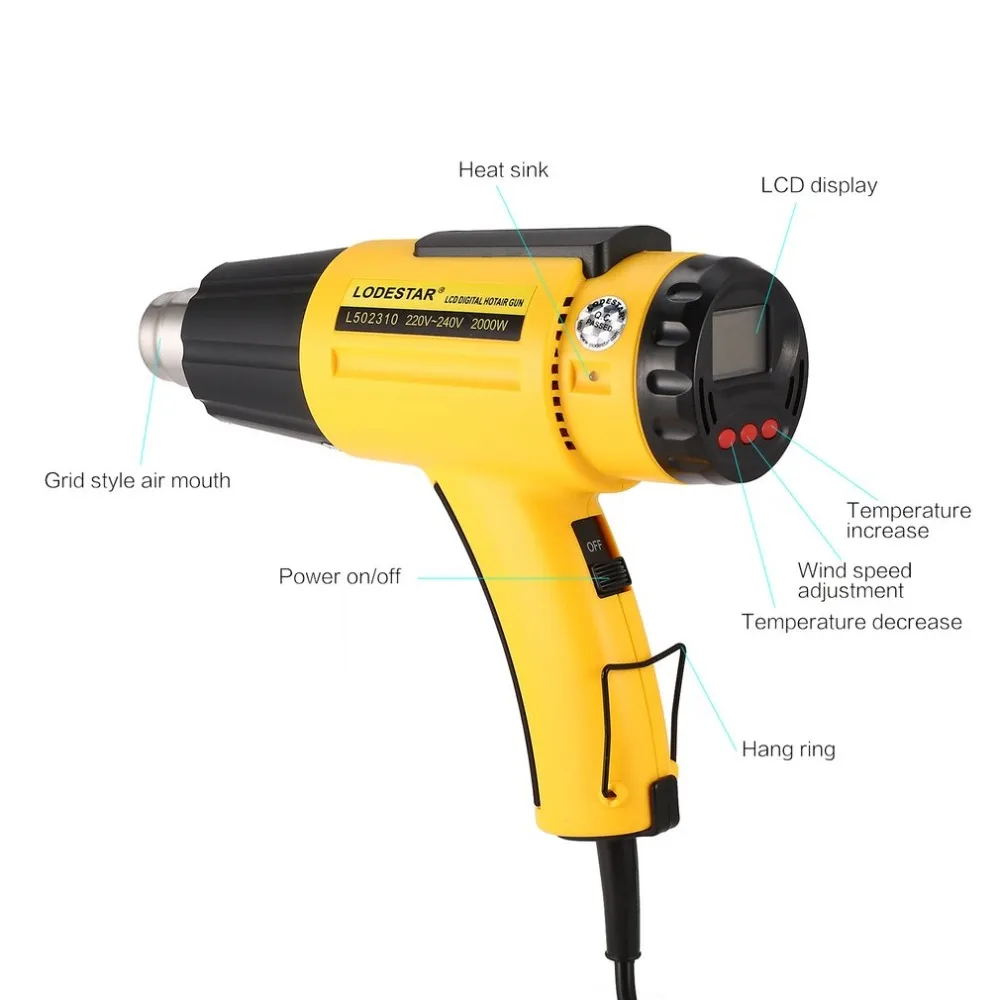 

L502310 2000W LCD Digital Electric Hot Air Heat Gun Temperature Fan Adjustable Shrink Wrap Paint Stripper DIY Tool + Nozzle