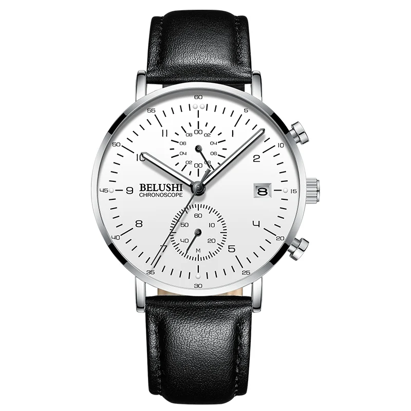 White Sliver Leather Роскошные Брендовые мужские часы BELUSHI, водонепроницаемые спортивные наручные часы, мужские часы с кожаным ремешком, хронограф, мужские часы в подарок, минималистичные часы - Цвет: White Sliver Leather