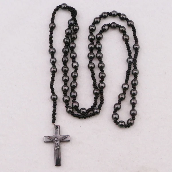 

Hematite Rosary 8mm Bead Necklace Chain with Hematite Cross / Crucifix Pendant Necklace