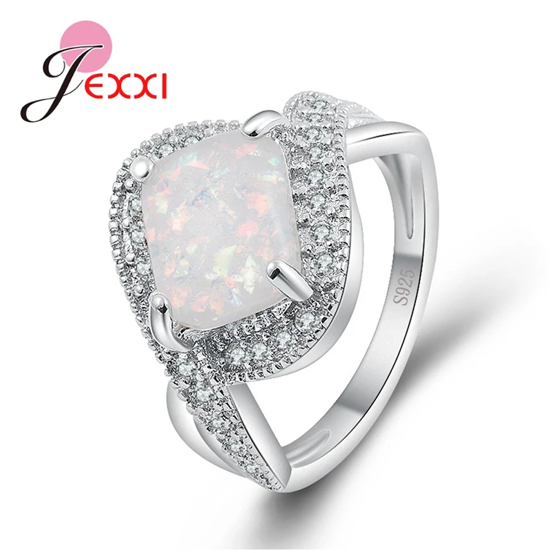 Real Pure 925 Sterling Silver Rectangle White Fire Opal Rings for Women High Quality Wedding Engagement Anillos Jewelry