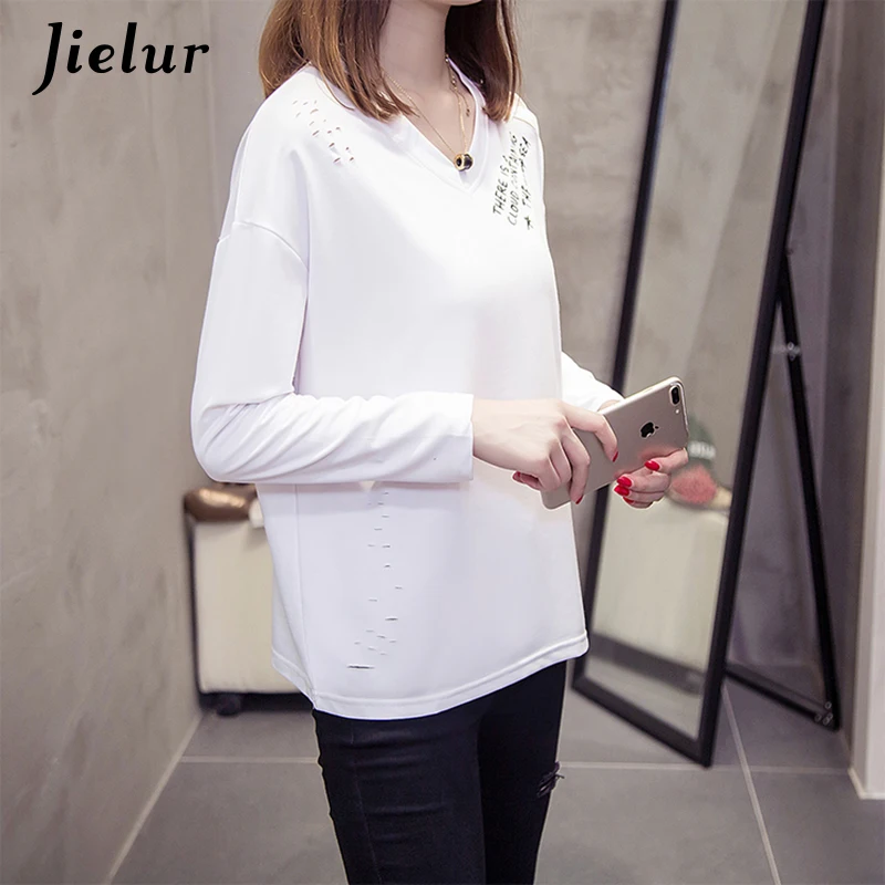 Jielur/Осенняя женская футболка с буквенным принтом корейские тонкие женские