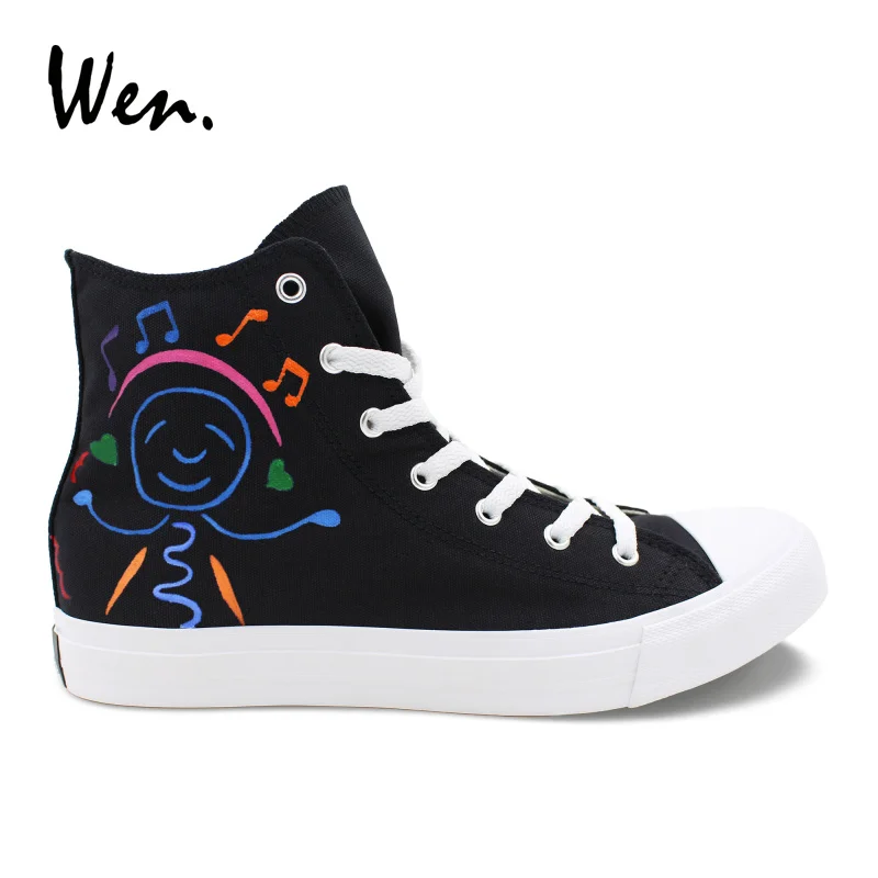 

Wen Original Design Black Shoes Hand Painted Cartoon Music Guitar Smiling Face High Top Men Canvas Sneakers Women Athletic Shoes