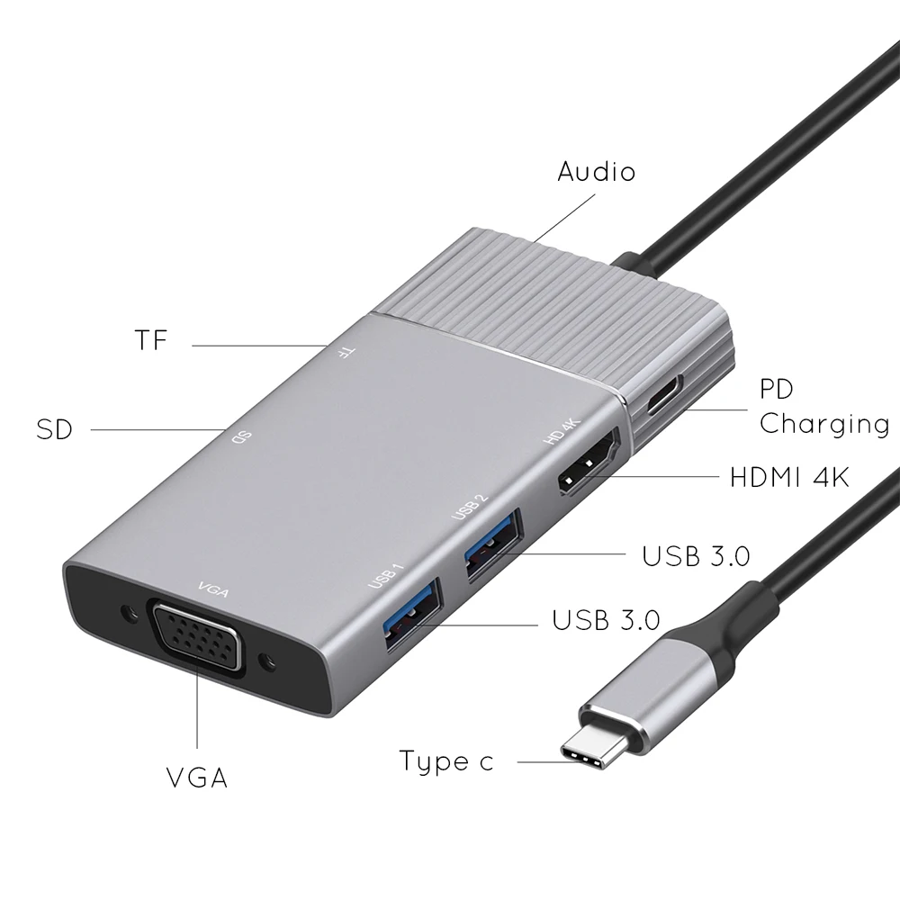 USBC к HDMI совместимый 4K VGA 2USB 3 0 SD TF кардридер концентратор 5 мм аудио порт PD зарядная