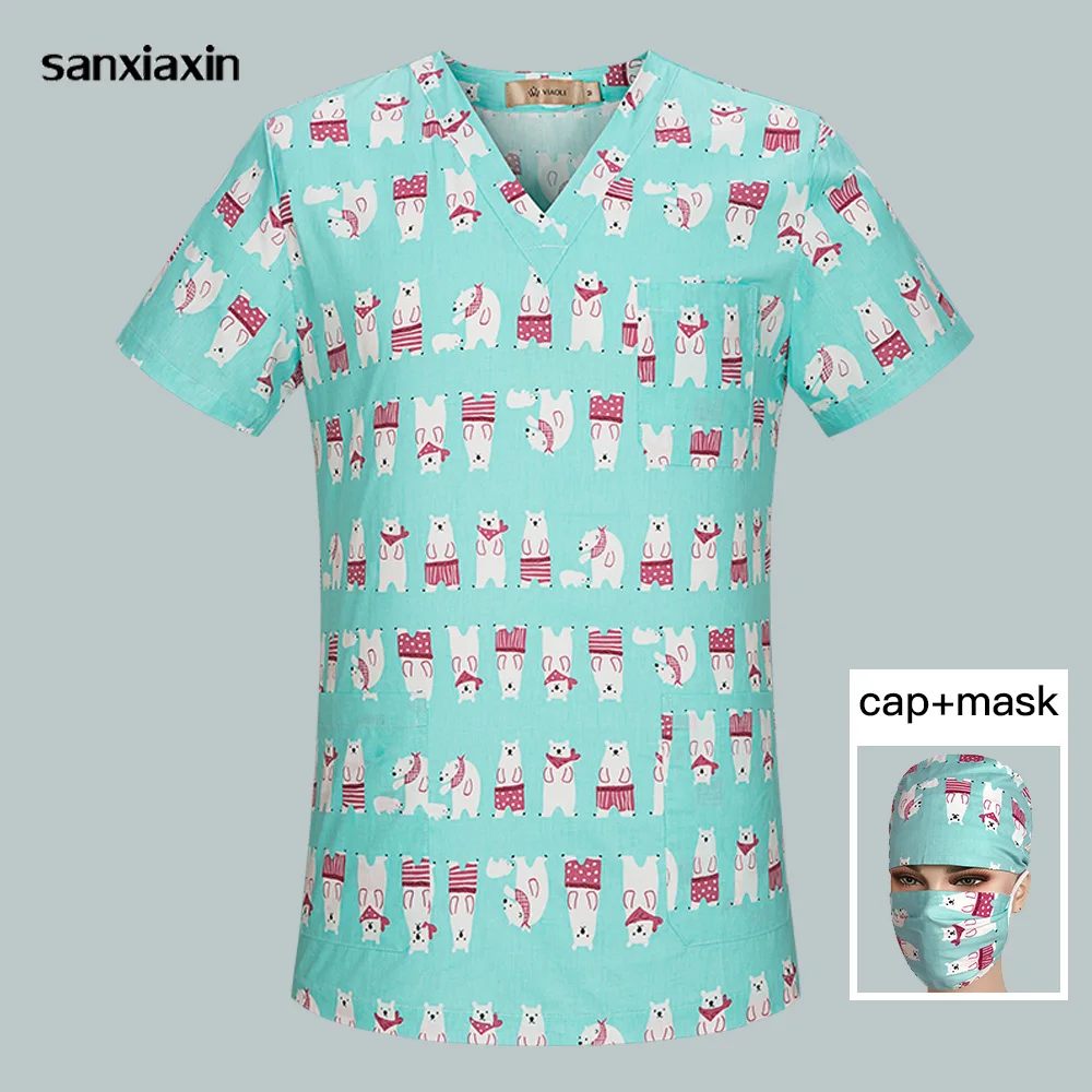 Breathable Scrub clothes V-Neck Hospital Nurse Scrub Tops Women cartoon Printing Surgical Medical Uniforms for Women wholesale