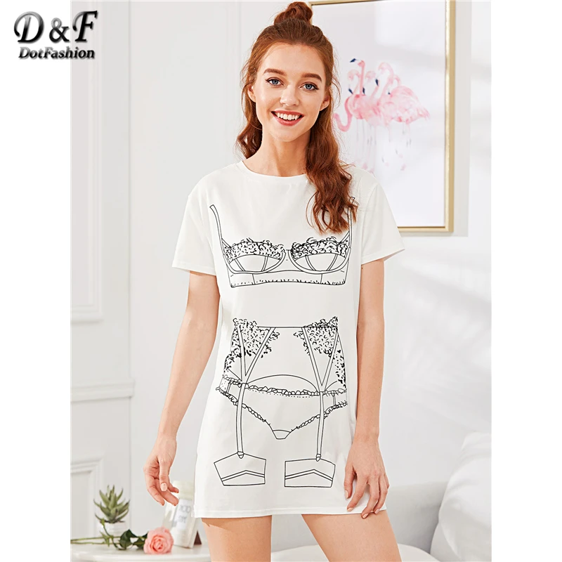 Dotfashion/комплект нижнего белья; Ночное Платье с принтом; летние Ночные рубашки с круглым вырезом и короткими рукавами; белые новые модные повседневные ночные рубашки для девочек
