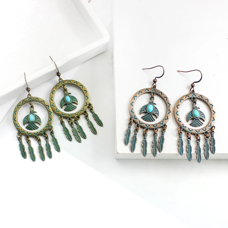 Серьги капельки в стиле ретро бронзовые с изображением птиц солнечных из