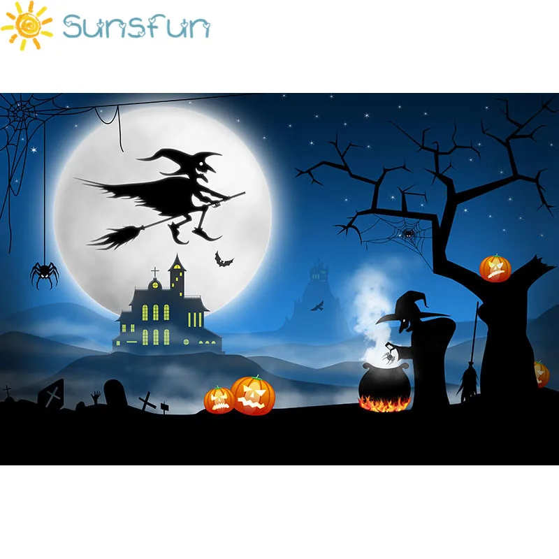Фотографический фон Sunsfun 7x5 футов ведьма метла Летучая Мышь Хэллоуин Волшебная