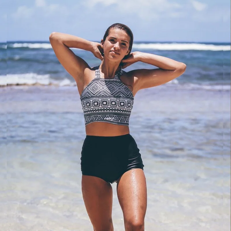 Женские бикини с геометрическим рисунком и высокой талией шортами укороченное