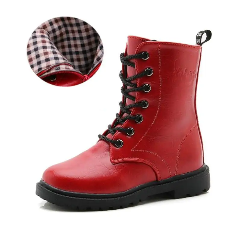 Red single boot Зимние ботинки; обувь для девочек; детские ботинки для девочек; детская обувь с Плюшевым Мехом и бантом; кожаная обувь для девочек; детские зимние ботинки - Цвет: Red single boot