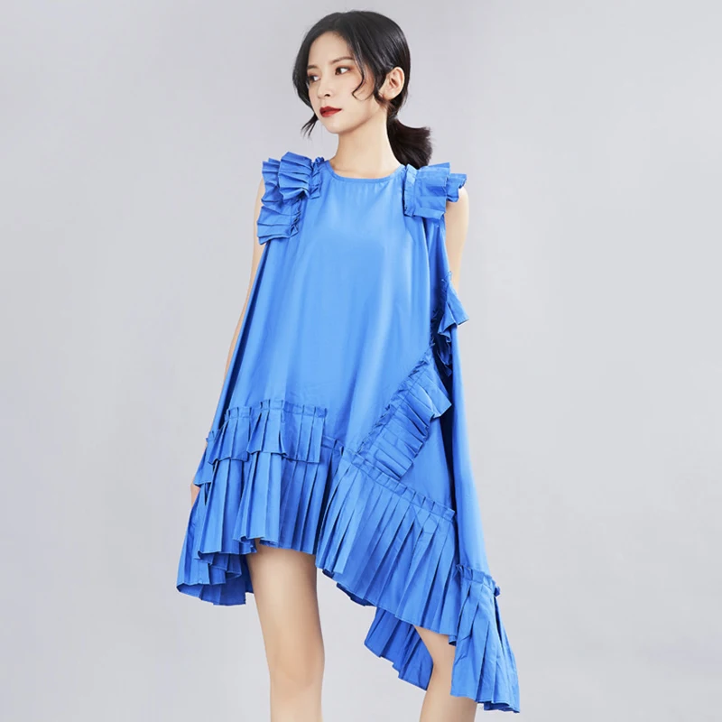 TWOTWINSTYLE Korean Solid Sleeveless Dress For Women O Neck Off Shoulder Oversized Ruffles Asymmetrical Dresses Female