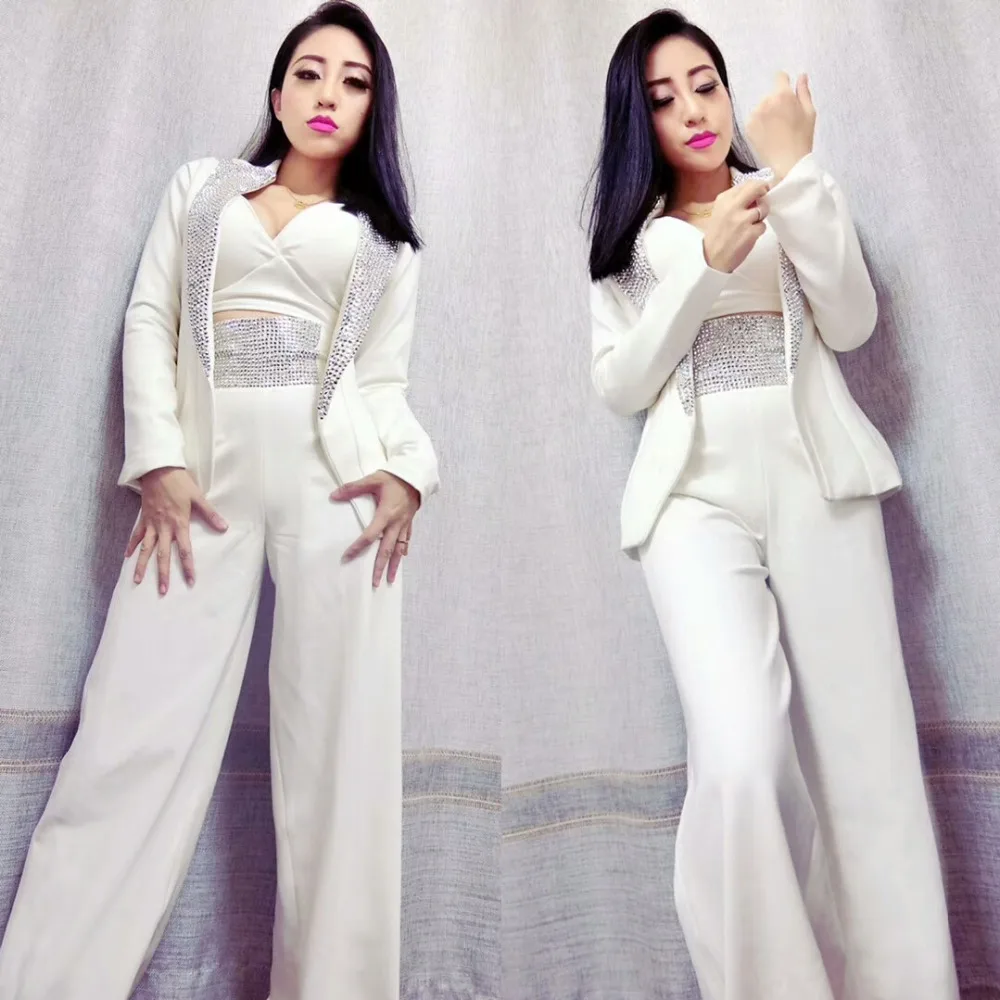Sparkly Crystals Stones Jacket Bra Pants 3 Piece Outfits Female Formal Suits Lady Singer Host Stage Costumes Bar Clubs Clothing