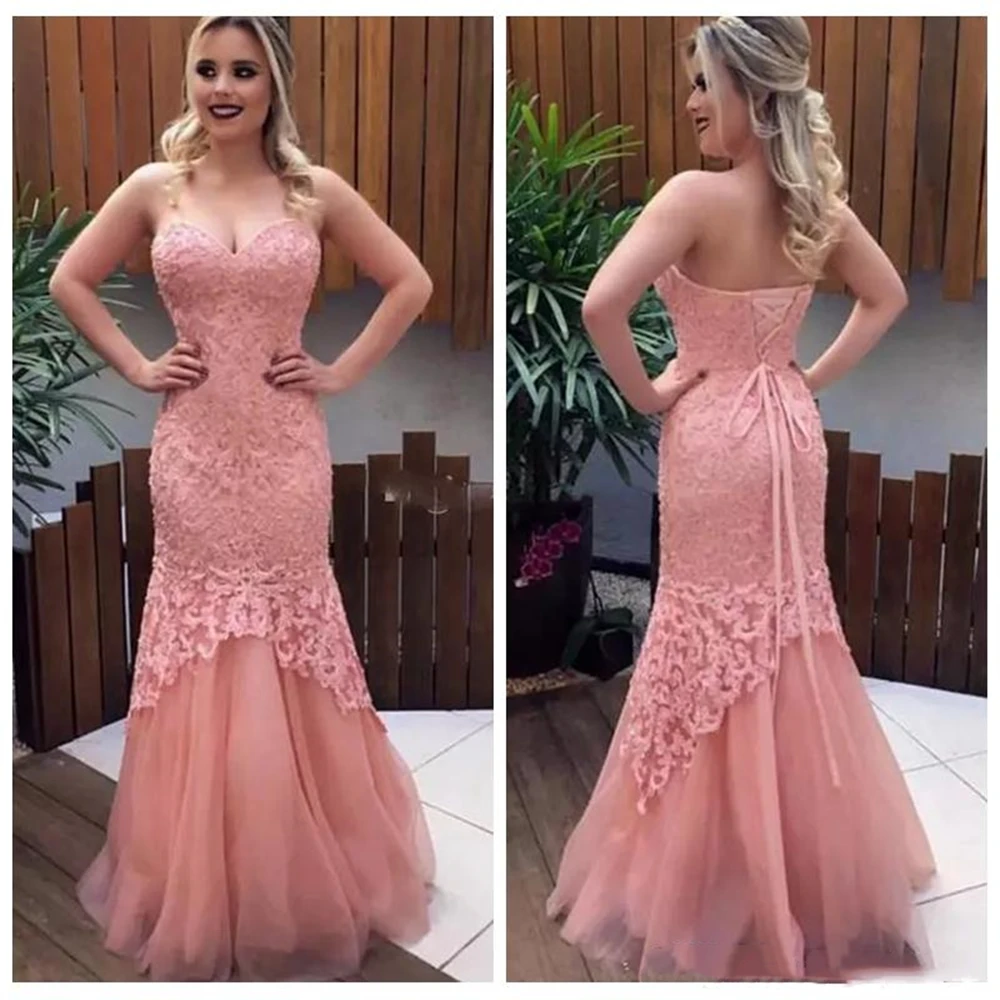 

2021 Sweetheart Lace Slim Mermaid Prom Dresses Floor Length Tulle Skirt Women Evening Party Gowns Customized Vestidos De Soiree