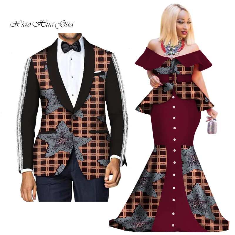Fashion Custom African Couple Wedding Clothing Dashiki Women Skirt& Men Blazer for Lovers African Traditional Clothing WYQ276