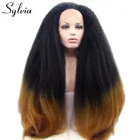 Sylvia Black to Brown Two Tone Ombre Kinky Straight Synthetic Lace Front Wigs Heat Resistant Fiber Hair Free Parting