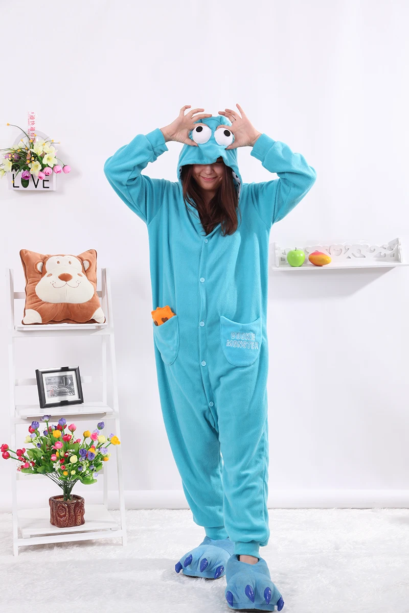 Blue Cookie Monster Onesies Adult Pajamas Unisex Sleepsuit Pyjamas Animal Christmas Sleepwear Cosplay Costumes Party Dress