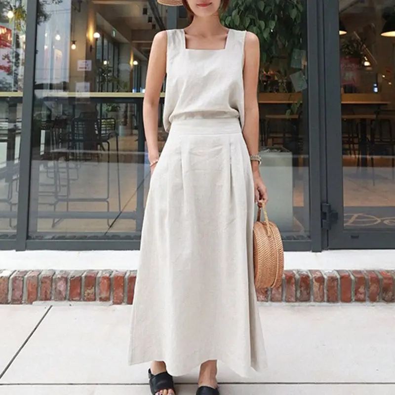 Хлопковое льняное корейское платье Макси женское винтажное элегантное бежевое