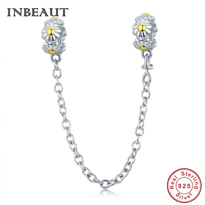 ss618 INBEAUT 925 пробы Серебряная Классическая безопасная цепочка с ромашками Синий Циркон звезда гитара Роза Шарм Подходит для Пандора Браслет - Окраска металла: ss618