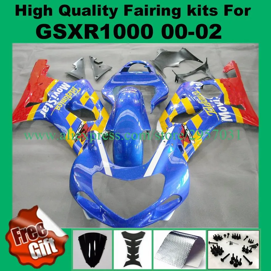 

100%Fit Injection fairings for SUZUKI GSXR1000 00 01 02 GSX-R1000 2000 2001 2002 K1 K2 ABS Fairing kit blue red #888 + screws