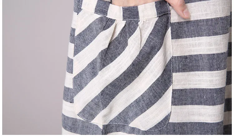 Женское льняное хлопковое платье в полоску повседневное свободное с короткими