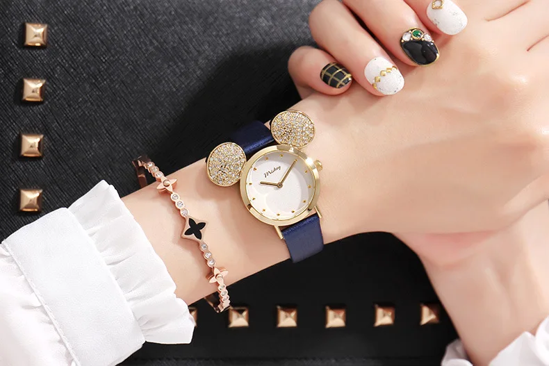 New Disney Watch Women Cute Mickey Mouse Gold Girls Watches Fashion Casual Rhinestone Waterproof Leather Luxury Hot - Цвет: blue