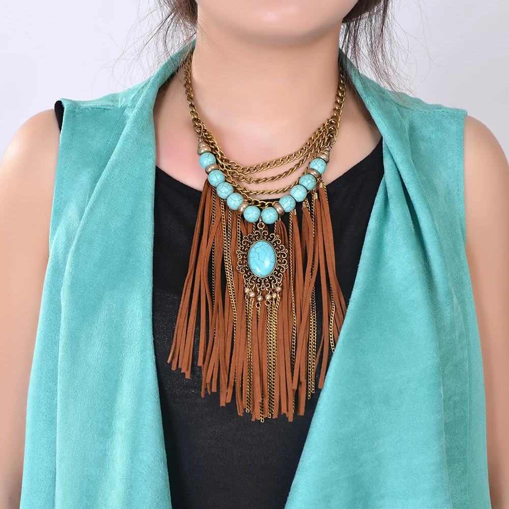 Ожерелье в стиле бохо винтажное серебряное драматическое длинное из замши с