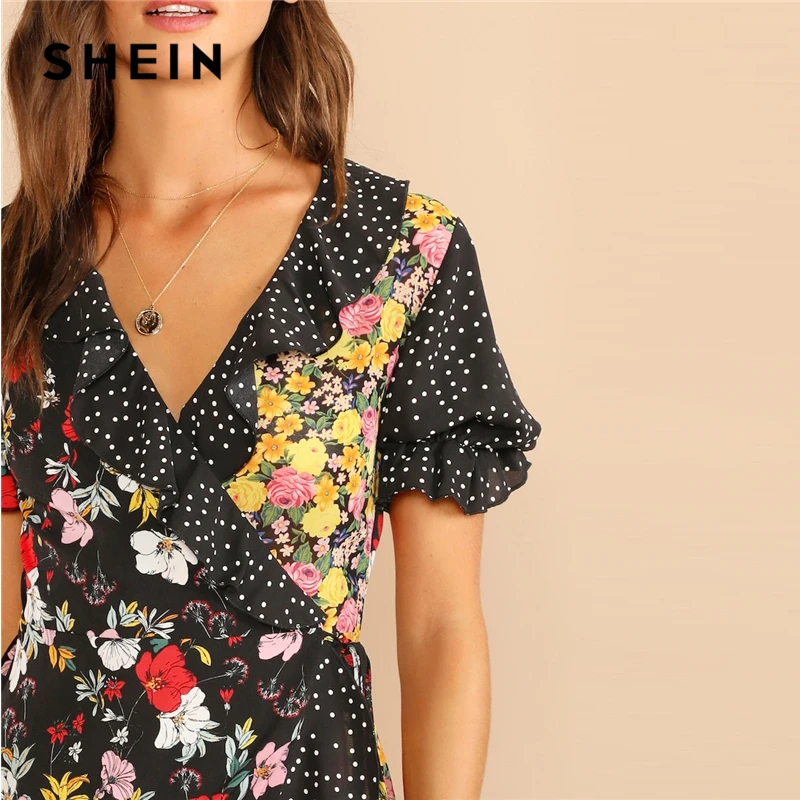 SHEIN многоцветное платье в горошек с оборками и цветочным принтом, женское элегантное платье с v-образным вырезом и рукавами-воланами, однотонные короткие цельнокроеные платья