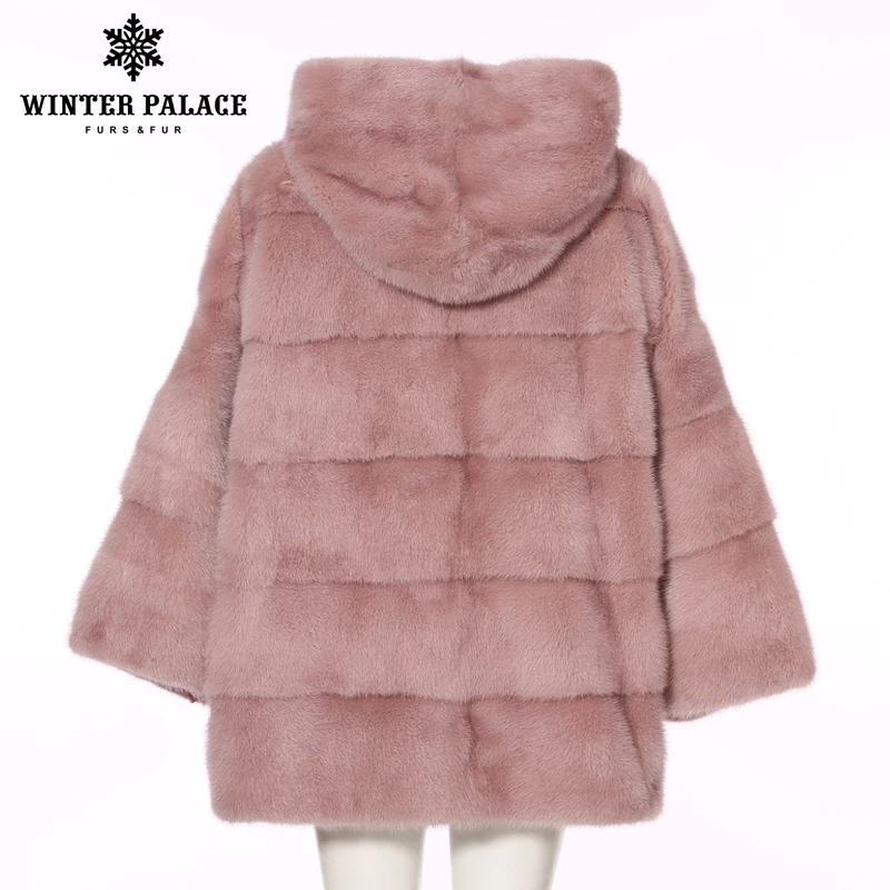 Женская Шуба из меха норки пальто с капюшоном на молнии и рукавом летучая мышь