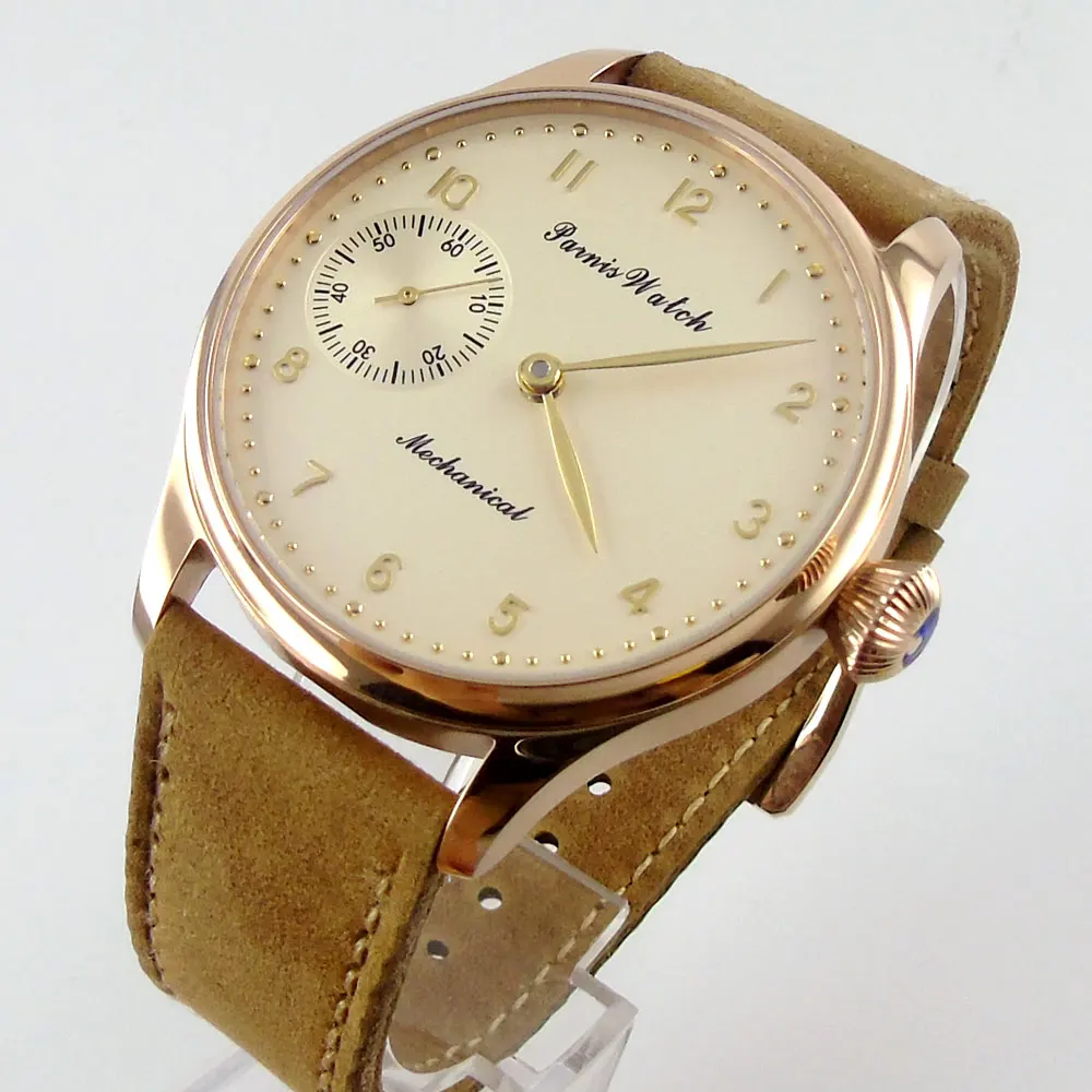Новый 44 мм parnis Желтый Циферблат розовый золотой чехол 6497 ручная обмотка move