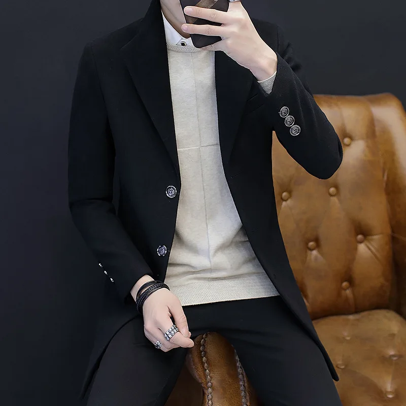 Зима 2017 мужское шерстяное пальто цвета волос длинное приталенное красивое