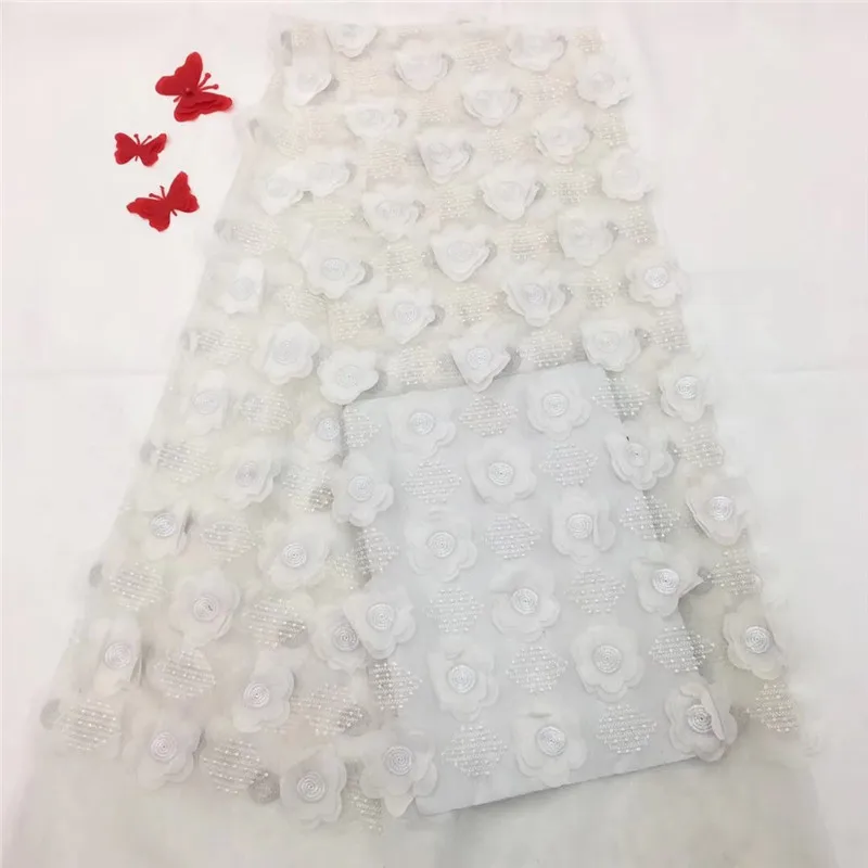 Высокое качество Белый 3D цветок в нигерийском стиле чистая Кружевная Ткань 5