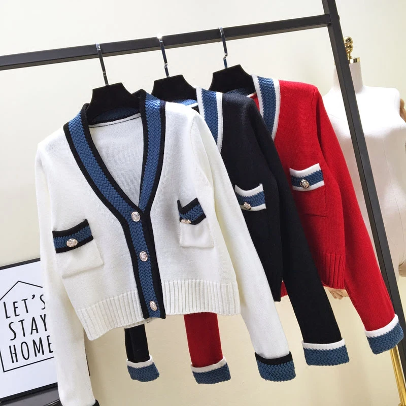Женский вязаный кардиган с карманами в полоску корейский стиль 2018 |