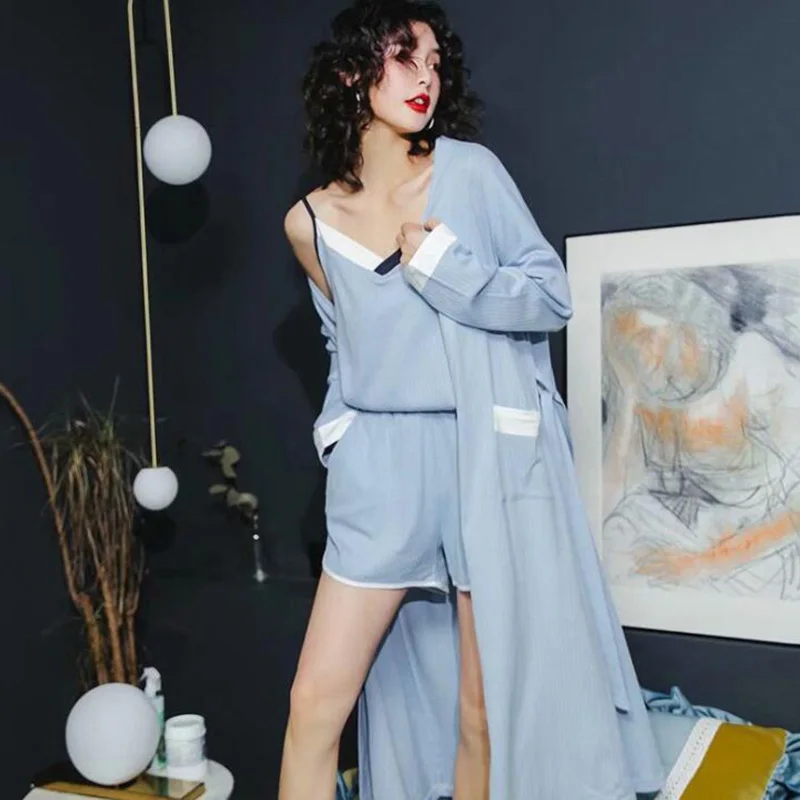 Сексуальная хлопковая длинная ночная рубашка для женщин 3 шт. комплект одежды сна