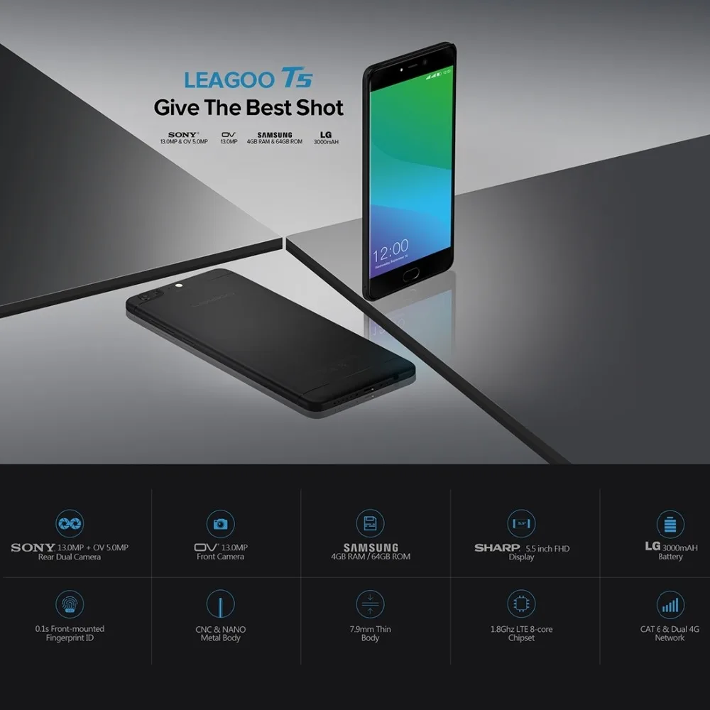 Leagoo T5 Android 7.0 5.5 дюйма FHD Смартфон 4 ГБ Оперативная память 64 Встроенная mtk6750t
