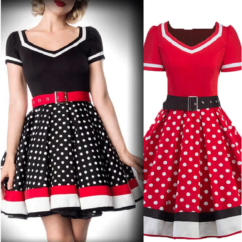 2020 Vintage Women Dress V Neck Short Sleeve Polka Dot Dresses Big Swing Retro Casual Party Hepburn Style 50s Clothes | Женская одежда