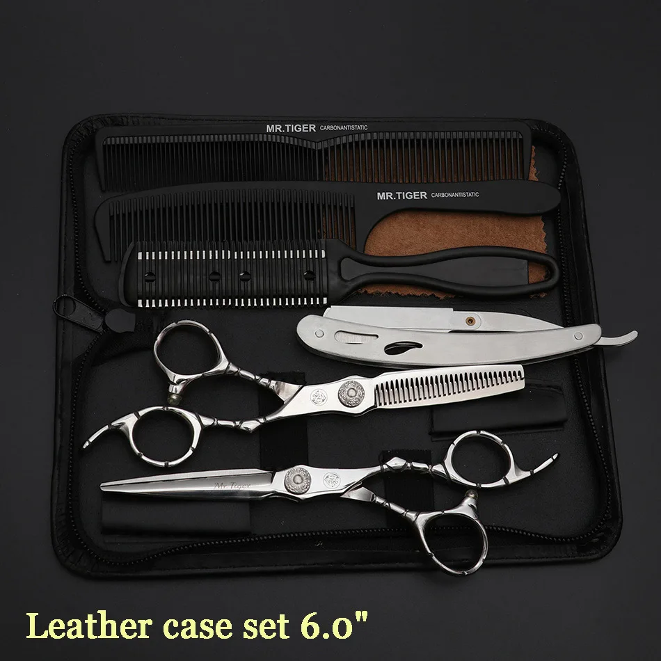 leather case set Высококачественные ножницы для стрижки волос, Профессиональные парикмахерские ножницы, профессиональные ножницы для стрижки волос, набор ножниц 5,5 6,0 - Цвет: leather case set