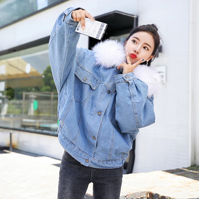 Зимняя джинсовая парка пальто для женщин теплый большой меховой воротник