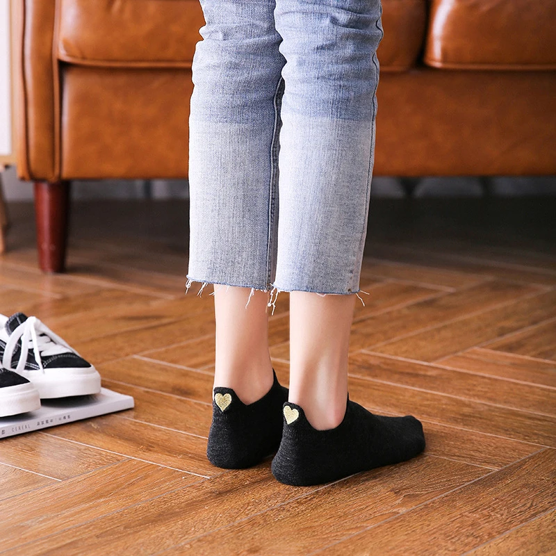 Fashion Summer Women Short Socks Solid Back Heel Love Embroidery Cotton Slipper Cute College Style Low For G | Женская одежда