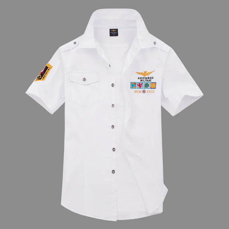 Новинка, военные мужские рубашки с коротким рукавом, 4XL, мужские рубашки с вышивкой, хлопок, ВВС, полит, Повседневная рубашка, Мужская брендовая одежда, рубашка AE18006 - Цвет: Белый